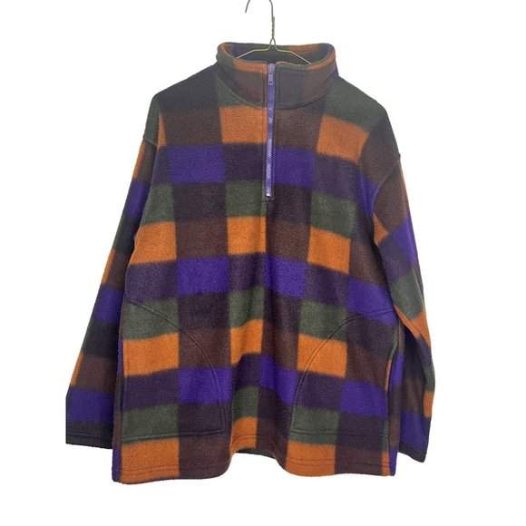 Women's M Fleece 1/4 Zip up, EVR Div Rousso Apparel Group, Checkered, Brown, Pur - Picture 1 of 7